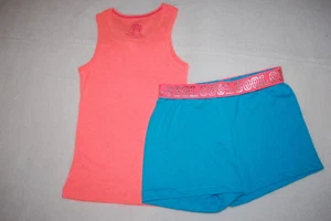 Girls Outfit NEON ORANGE RIBBED TANK TOP Turquoise Knit Casual Shorts S 6-6X - Picture 1 of 1