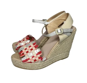 Kanna Wedge Espadrilles Platform Sandals 40 US 9 Woven Leather Red Beige Silver - Picture 1 of 20