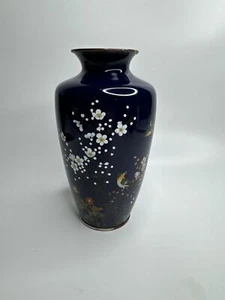 Beautiful Sato Cloisonne Japanese Vase Deep Blue Gold Trim Cherry Blossom 7-1/4" - Picture 1 of 8