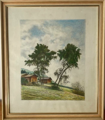 Tecnología mixta Sign.A. Ritzenhofer 1984 paisaje de campo con cabañas de madera y árboles Foto 1 de 4