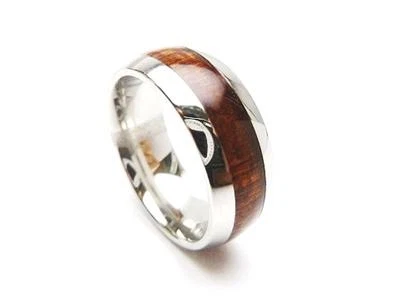 Anillo de boda cómodo de acero inoxidable con incrustaciones de madera de koa hawaiano de 8 mm #3 Foto 1 de 2