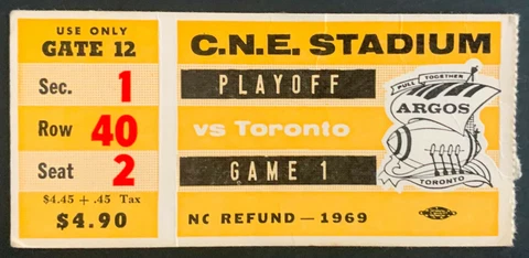 1969 CFL Football Playoff Ticket CNE Stadium Argos vs Hamilton Tiger Cats Cover