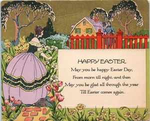 Biglietto Buona Pasqua 1928 Vibrante Art Decò Influenzato Bellissimo Giardino Fiorito - Foto 1 di 2