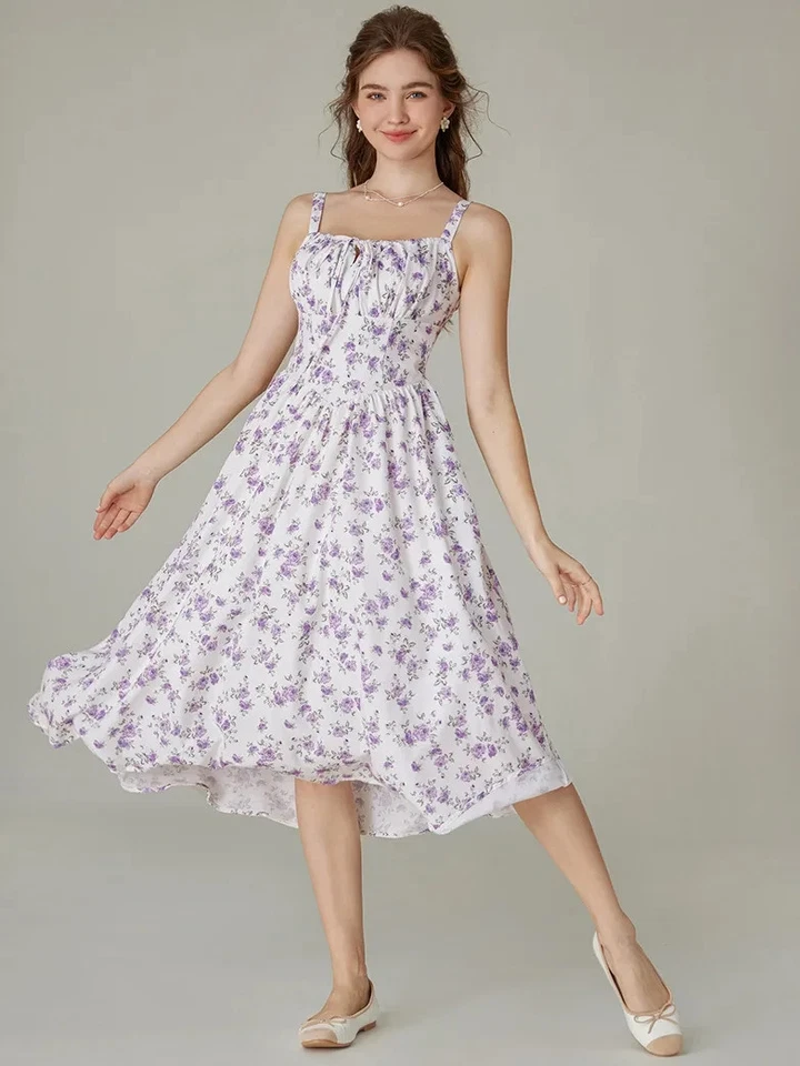 Scarlett Darkness Floral Sleeveless Pleated A-Line Midi Dress Purple Milkmaid XL - Image 1 of 4