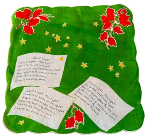 Vtg. Scalloped Linen Christmas Hanky Handrolled SILENT NIGHT Lyrics - Picture 1 of 6