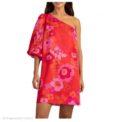 Mini Vestido Trina Turk Admirable Un Hombro Floral Cambio Talla 6 Mujer Rosa Rojo  Foto 1 de 4