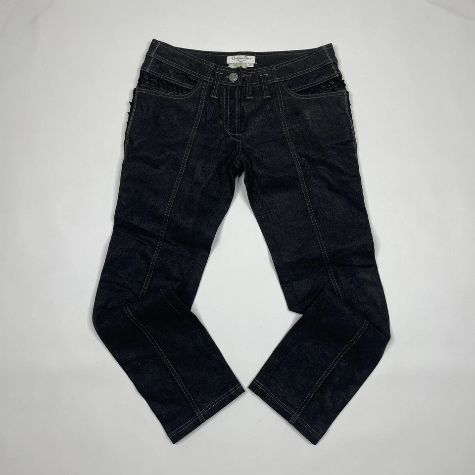 Christian Dior Boutique Vintage Black Lambskin Lined Waxed Jeans Size FR 38 US 6 - Image 1 of 4