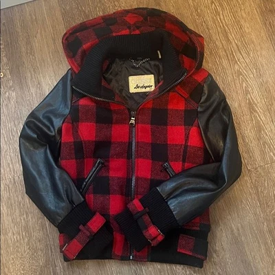 Chaqueta Bomber GUESS Negra y Roja a Cuadros Búfalo Pequeña Imitación Cuero Nueva con Etiquetas Foto 1 de 4