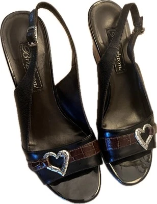 Zapatos de cuña Brighton de cuero negro/marrón con honda trasera de corcho talla 7M Foto 1 de 4