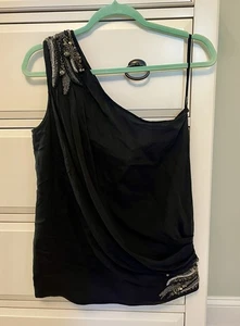 Castle Starr schwarz Seide Gold/Silber Perlen One-Shoulder-Bluse Y2K Größe 6 $ 274 - Bild 1 von 7