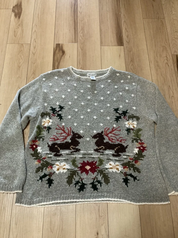 Suéter de Natal vintage renas tamanho G cinza gola redonda mistura de lã Ramie - Imagem 1 de 4