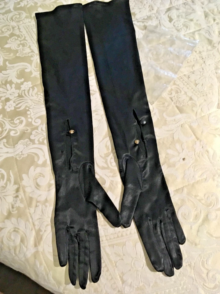 DENTS Long Black Stretch Satin Over Elbow Length Opera Evening Gloves. Size 7 - Image 1 of 1