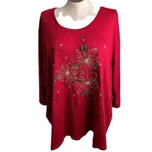 Catherines Womens Embellished Top 5X Red Poinsettia Sequin Holiday Christmas - Picture 1 of 6