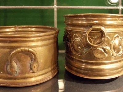 2x schöne Jardiniere Messing Pflanztopf Blumentopf ANTIK L 22/24 cm - Bild 1 von 4