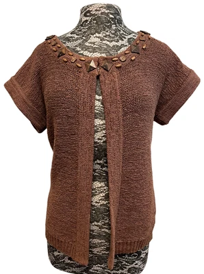 Cárdigan abierto vintage Y2K M marrón manga corta cuentas grunge McBling Whimsigoth Foto 1 de 4