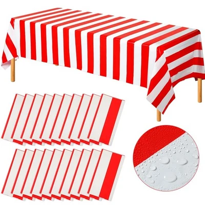 Red and White Striped Tablecloth Plastic Carnival Circus Table Cover Waterpro... - Image 1 of 4