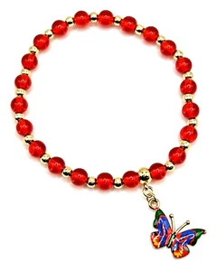 7.5" Multicolor Enamel & Red Glass BUTTERFLY Stretch Bracelet w s/s Gold Beads - Picture 1 of 4