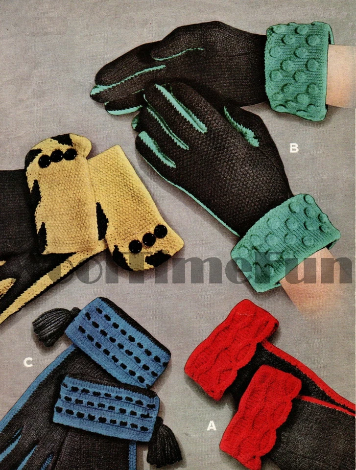 Knitting Pattern Vintage 1940s/50s. 4 x Cuff Design Gloves With Coloured Gussets - Image 1 of 1