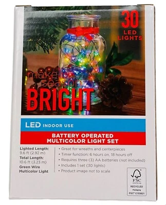 FAIRY LIGHTS 30 MULTICOLOR LED INDOOR MINI WIRE BATTERY MAKE THE SEASON BRIGHT - Image 1 of 4