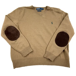 Polo Ralph Lauren Suéter Hombres Grande Marrón Corderos Lana Tejido Cuello en V Codo Parches - Imagen 1 de 10