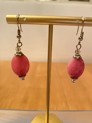 "Preciosos nuevos pendientes colgantes colgantes de piedra de rodonita rosa alambre de plata 2"" usados en excelente estado" Foto 1 de 4