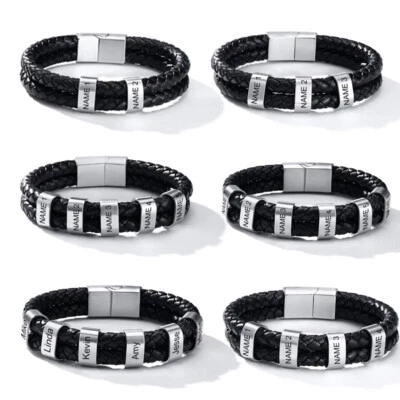 Personalized Engrave Men Braided Leather ID Bracelet Family Wristband Name Date - Image 1 of 4
