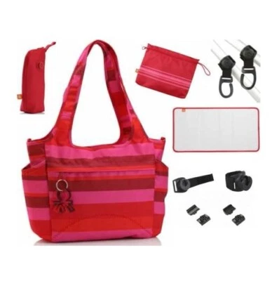 okiedog Skagen Saha Tote Diaper Bag in Red & Pink with Clipix & Changing Mat - Imagem 1 de 4