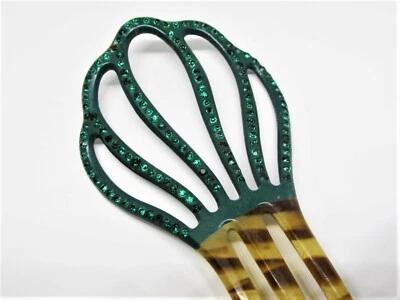 Старинный эдвардианский изумруд зеленый со стразами черепаховый панцирь целлулоид расческа для волос - Изображение 1 из 4