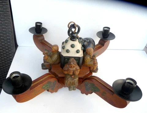 ca 1930 BLACK FOREST CARVED WOODEN CHANDELIER 4LIGHTS 4 CARVED FIGURES PAINTED Cover