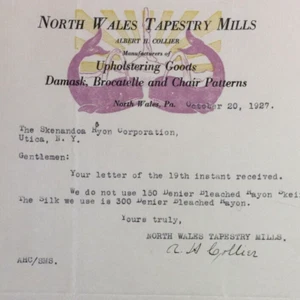 Molinos de tapices del norte de Gales damasco brocatelle membrete norte de Gales PA 1927 - Imagen 1 de 4