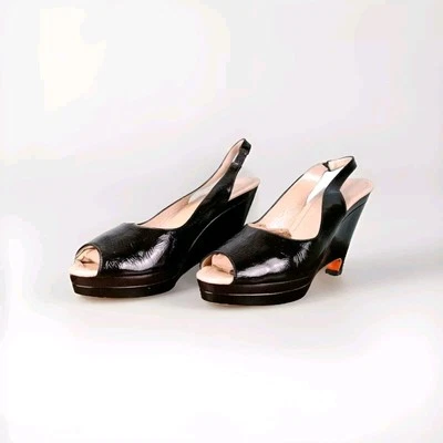 Sandálias salto plataforma couro envernizado preto Jill Sander tamanho 41 - Imagem 1 de 4
