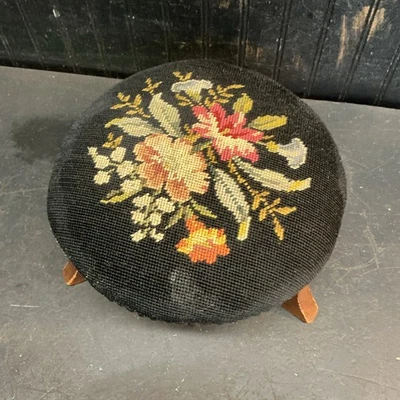 Vintage Needlepoint Round Floral Foot Stool Black Background With Dark Legs - Image 1 of 4