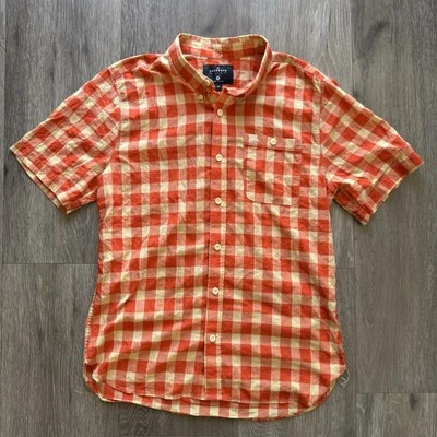 Camisa Freenote Tela Algodón Cuadros Naranja Rojo Manga Corta Bolsillos Hombre’s Mediana Foto 1 de 4