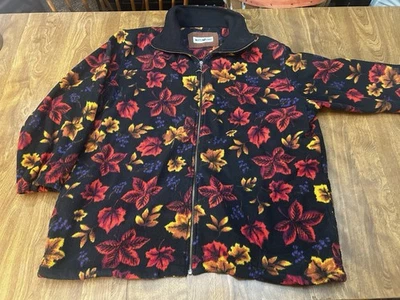 Vintage 90s Women’s Large White Stag Leaf Pile Fleece Zip Up Jacket Black Red - Image 1 of 4