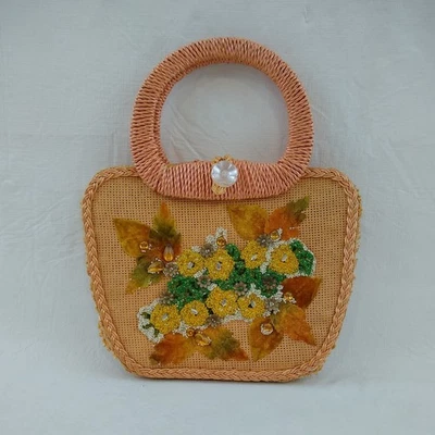 Bolsa de mão vintage anos 60 plástica palha frisada floral japonesa contas de sementes - Imagem 1 de 4