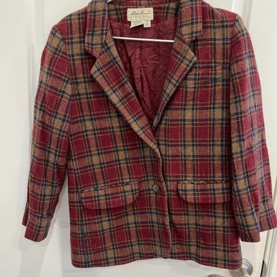 Vtg Eddie Bauer Women Petite Small Brown Red Blue Wool Blazer Plaid - Image 1 of 4