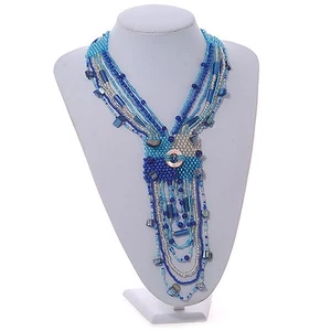 Glass Bead Tassel Necklace in Blue/ Transparent - 44cm L/ 17cm Tassel - Picture 1 of 4