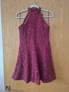 Boohoo Women's Berry Red Floral Overlay Mesh Panel Skater Dress Suze UK 12 - Picture 1 of 9
