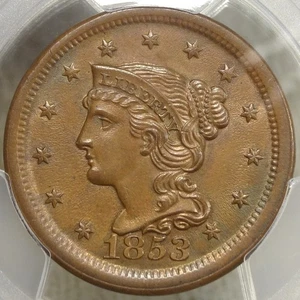 1853 geflochtenes Haar großer Cent, unzirkuliert, PCGS zertifiziert - Bild 1 von 5