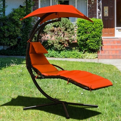 Patio Hammock Swing Chair Hanging Chaise w/ Cushion Pillow Canopy Orange Foto 1 de 4