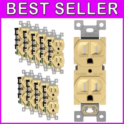 Elite Series Duplex Receptacle, 15A Gold Outlet, 10 Pack - Image 1 of 4