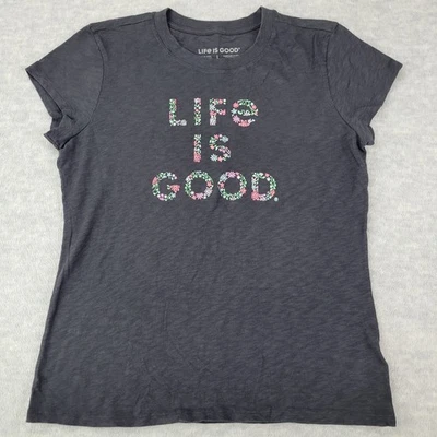 Camiseta Life Is Good Manga Corta Cuello Redondo Flor Logo Negro Algodón Mujer L Foto 1 de 4
