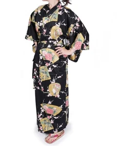 Auténtico Kimono Japonés Yukata Negro Princesa y Peonía Bata Sakurai Shoji Co - Imagen 1 de 9