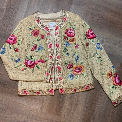 Vintage Together Jacket Womens 10 Gold Lace Pink Floral Beaded Sequin 90s Boho - Image 1 of 4