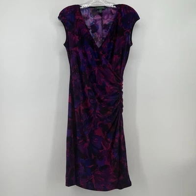 Lauren Ralph Lauren Dress Floral Ruched Sleeveless Purple Pink Size 6 Fitted - Image 1 of 4