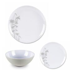 12-Piece Melamine Dinner Set Floral Meadow Picnic Crockery Plates & Bowls Grey