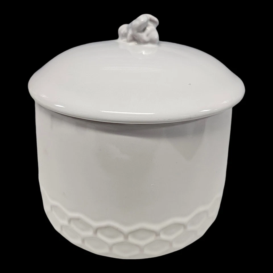 Bote de terracota blanco umbral con tapa diseño ABEJA Y COLMENA 5,25" H X 5,5" D Foto 1 de 4