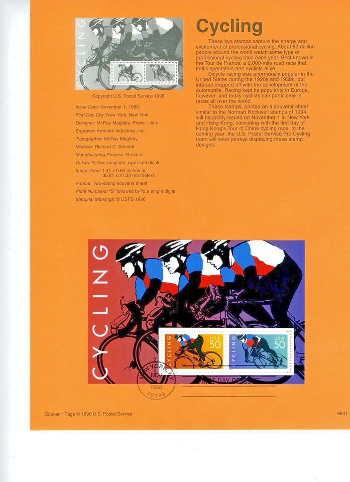 1996 USPS Souvenir Page 50¢ CYCLING SOUVENIR SHEET #9641 w/Watermark Archival - Image 1 of 1