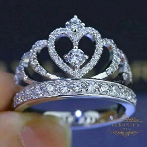 Princess Ring Crown Design Engagement Wedding Women's Ring In Sterling Silver - Picture 1 of 8