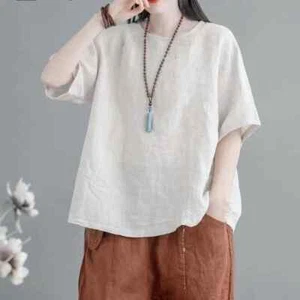 Retro Women's 3/4 Sleeve T Shirt Pullover Cotton Linen Blend Tops Loose Fit Thin - Picture 1 of 28